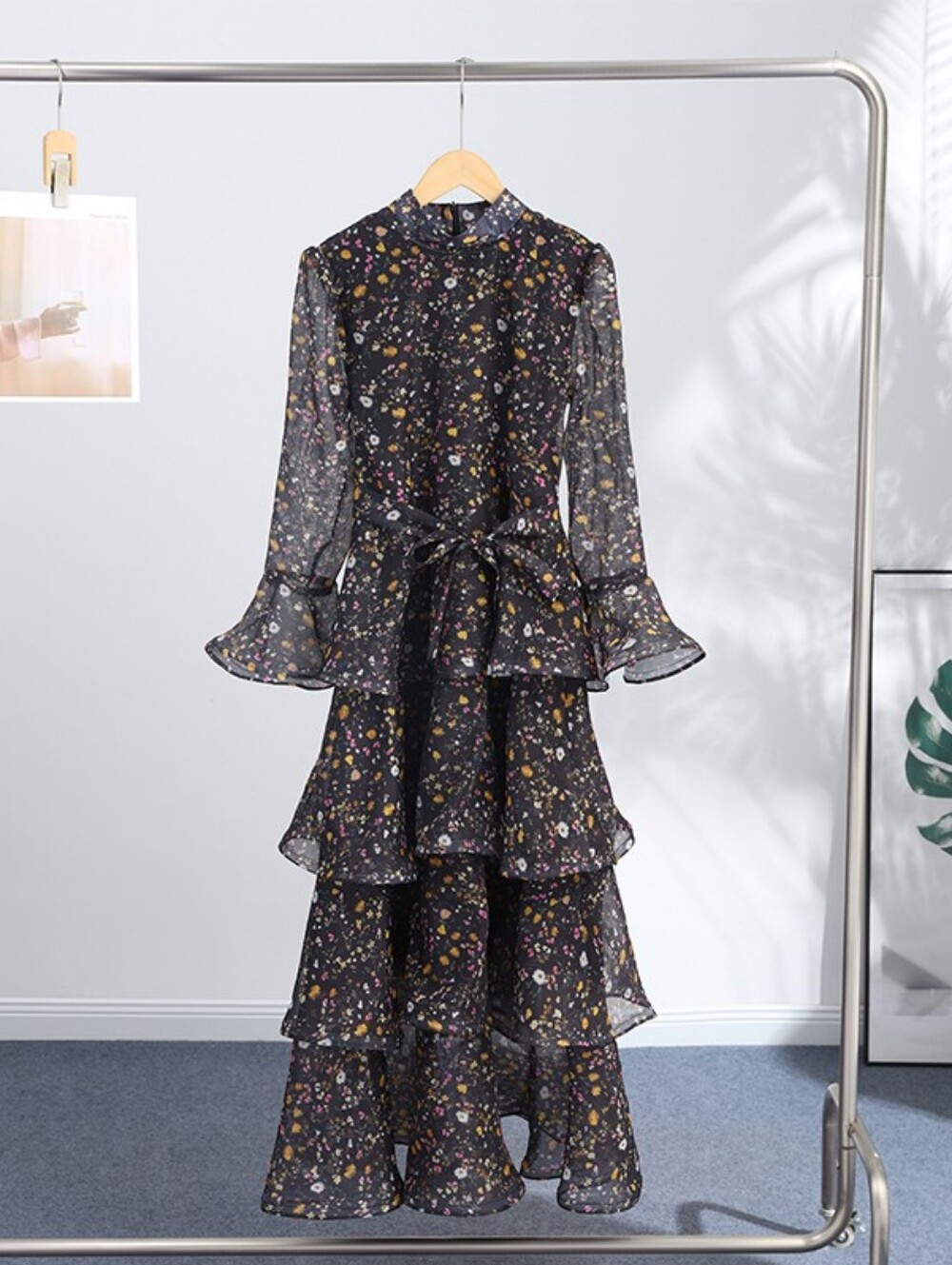 Casual Printed Long Bow Dress Women Chic V-Neck Short Puff Sleeve Waist-Closed - Picture 9 of 13
